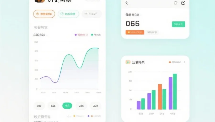 APP界面中呈现历史开奖结果的曲线图和柱状图，色彩清新，突出数据分析功能